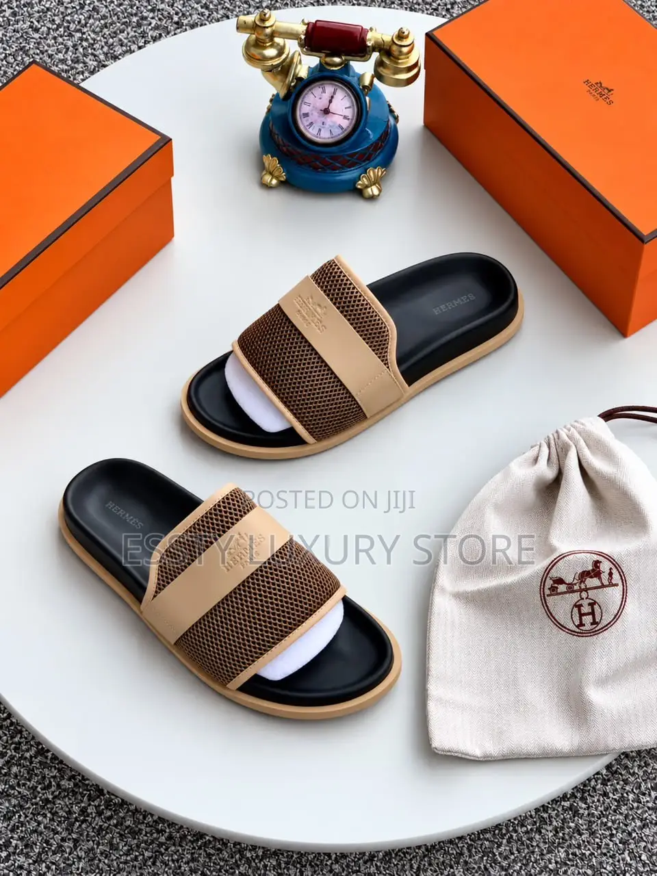 High Quality Luxury Hermès Mesh and Leather Slide