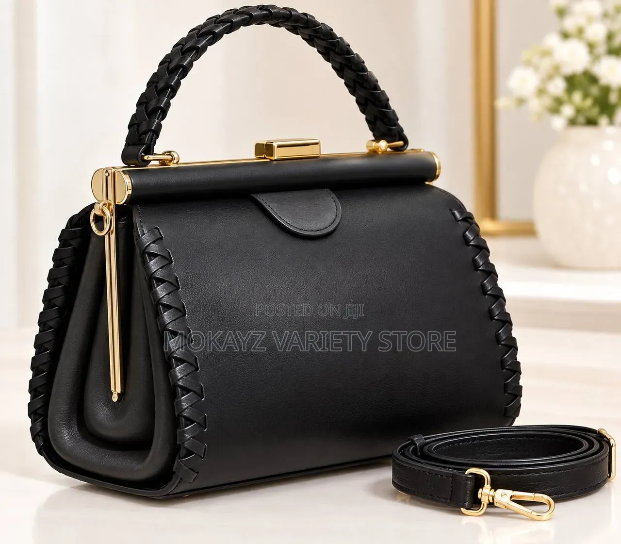 Elegant Luxury Twist Handle Gold Frame Leather Handbag