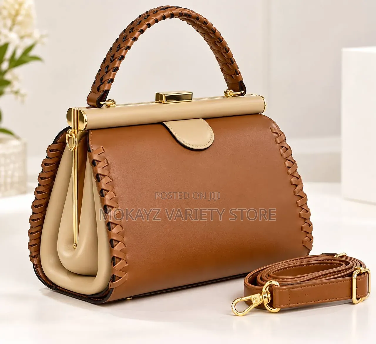 Elegant Luxury Twist Handle Gold Frame Leather Handbag
