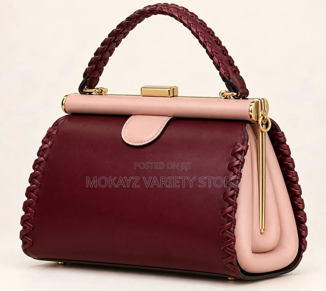 Elegant Luxury Twist Handle Gold Frame Leather Handbag