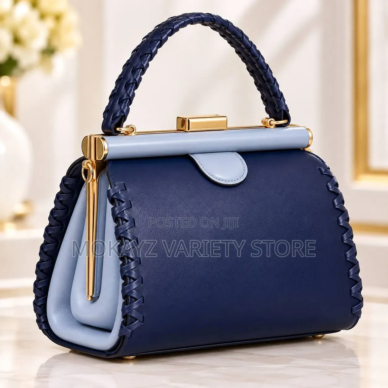 Elegant Luxury Twist Handle Gold Frame Leather Handbag