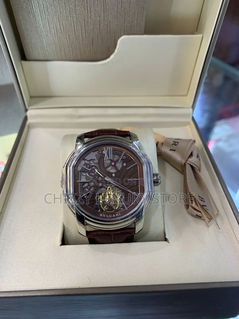 Bvlgari Quality Luxury Men Genuine Leather Automatic Engine Wristwatch