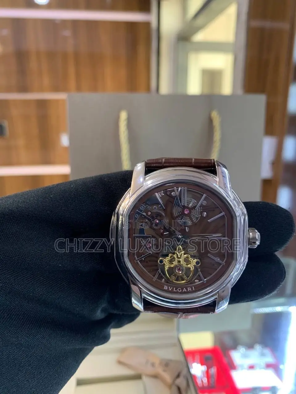 Bvlgari Quality Luxury Men Genuine Leather Automatic Engine Wristwatch