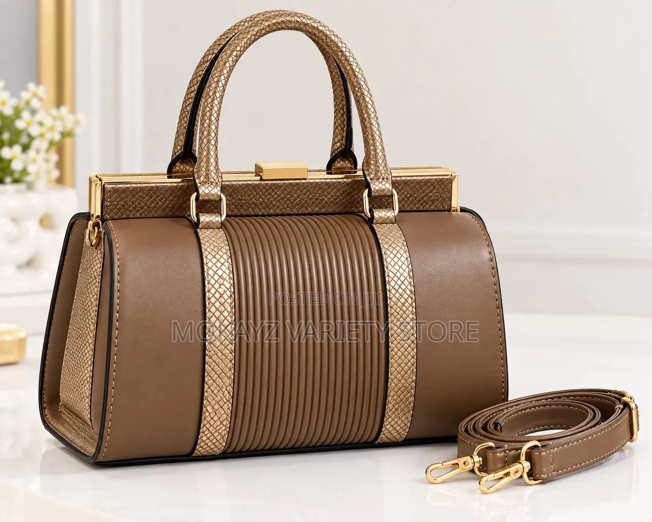Executive Gold Frame Leather and Croc Skin Handbag