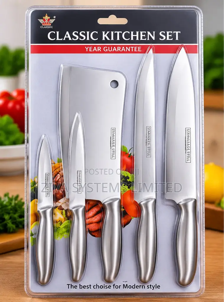 5-Piece Stainless Steel Kitchen Knife Set With Meat Cleaver – Silver