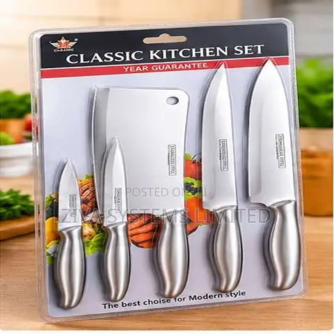 5-Piece Stainless Steel Kitchen Knife Set With Meat Cleaver – Silver