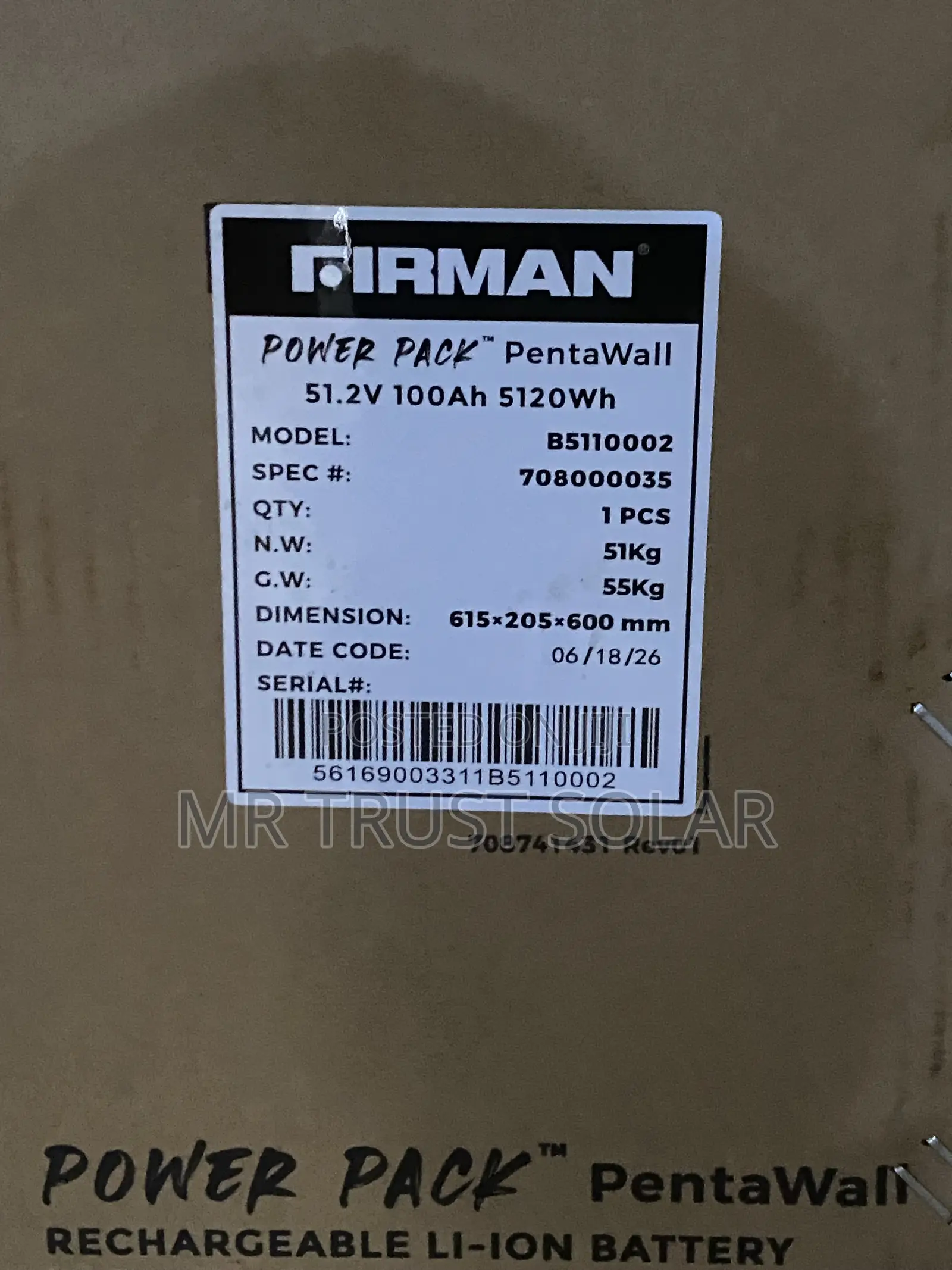 5kwh 51.2v Firman Lithium Ion Battery
