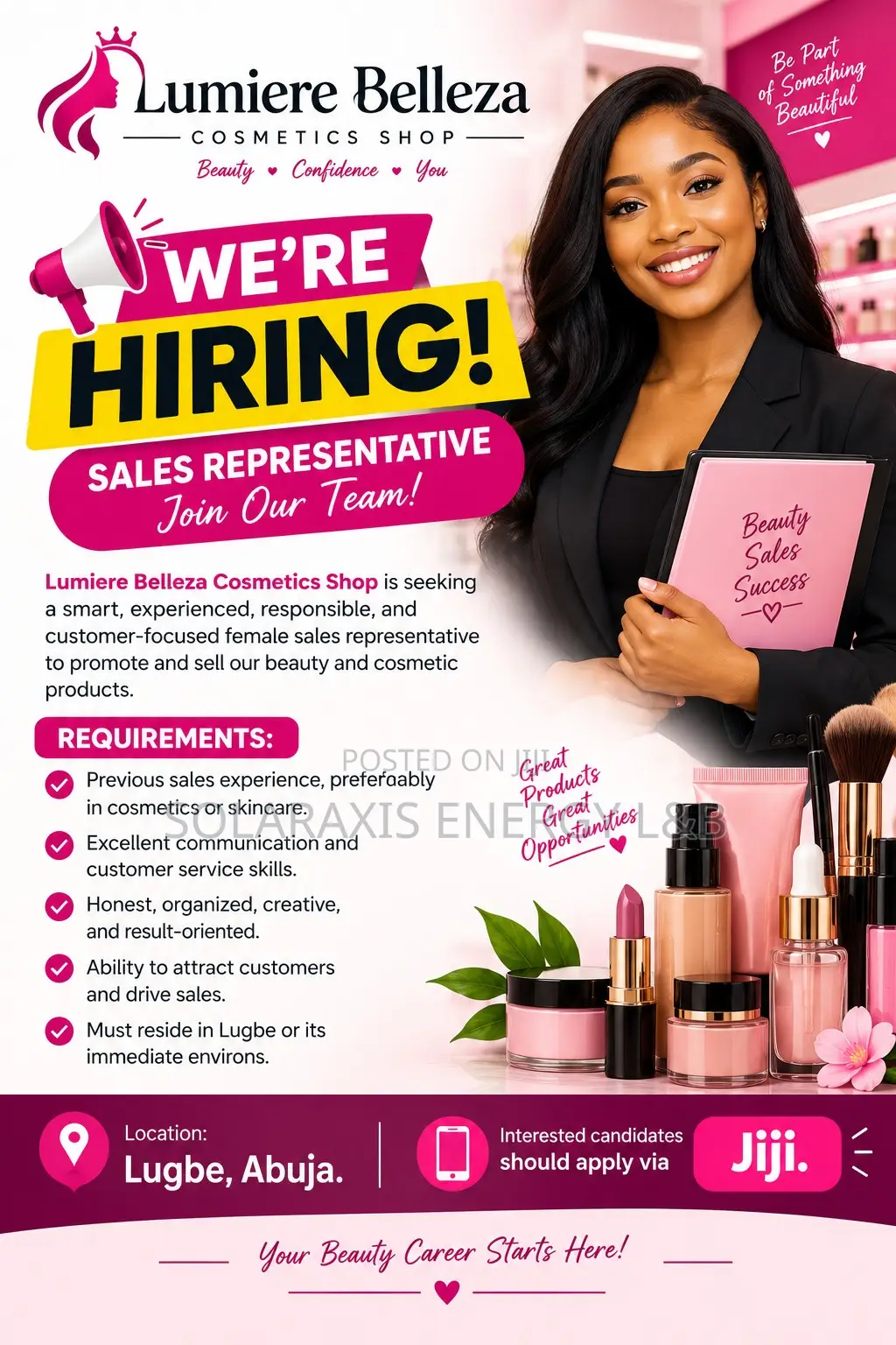 Female Sales Representative Needed – Lumiere Belleza Cosmetics Shop