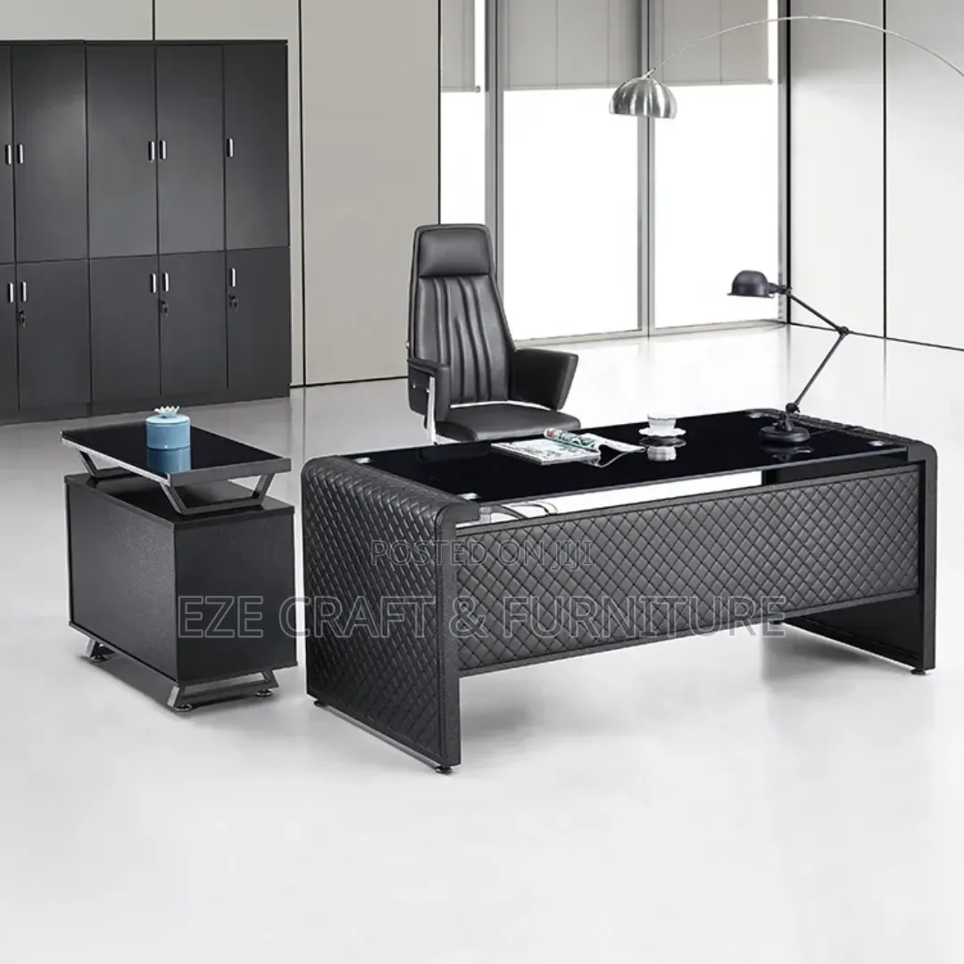 1.6meters Black Leather and Glass Top Executive Table