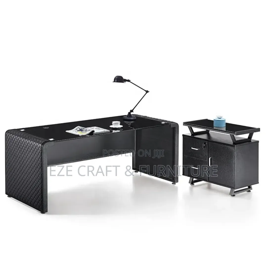1.6meters Black Leather and Glass Top Executive Table
