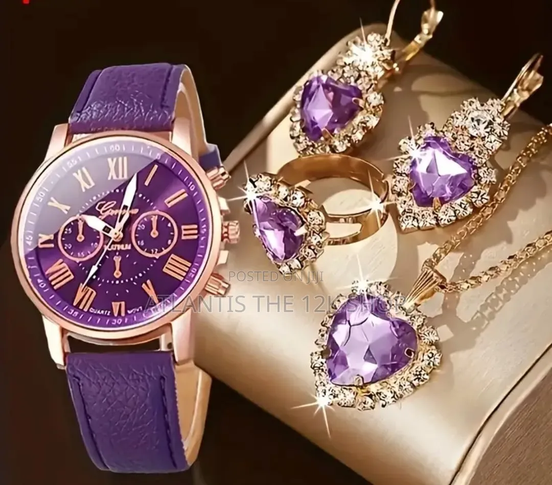 Amethyst 4 in 1 Wrist Watch Jewelry Set Bracelet Necklace