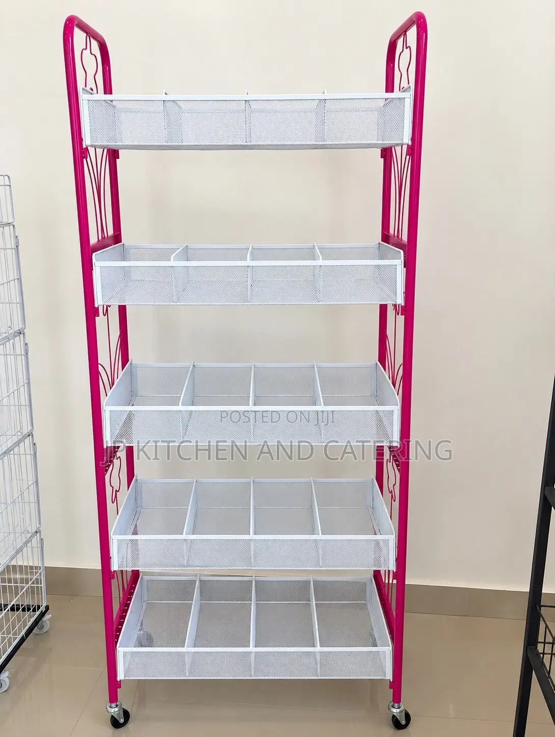 5-Tier Metal Display Basket Rack on Wheels