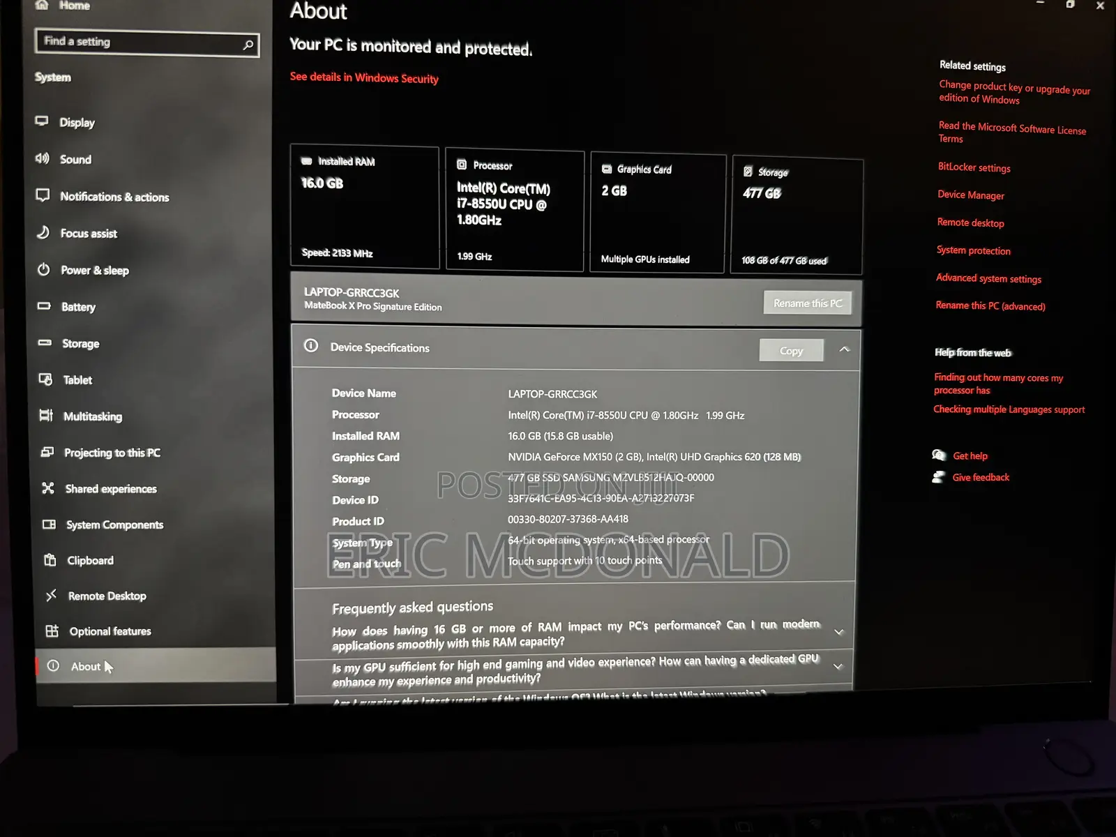 Laptop Huawei MateBook X Pro 16GB Intel Core i7 SSD 512GB