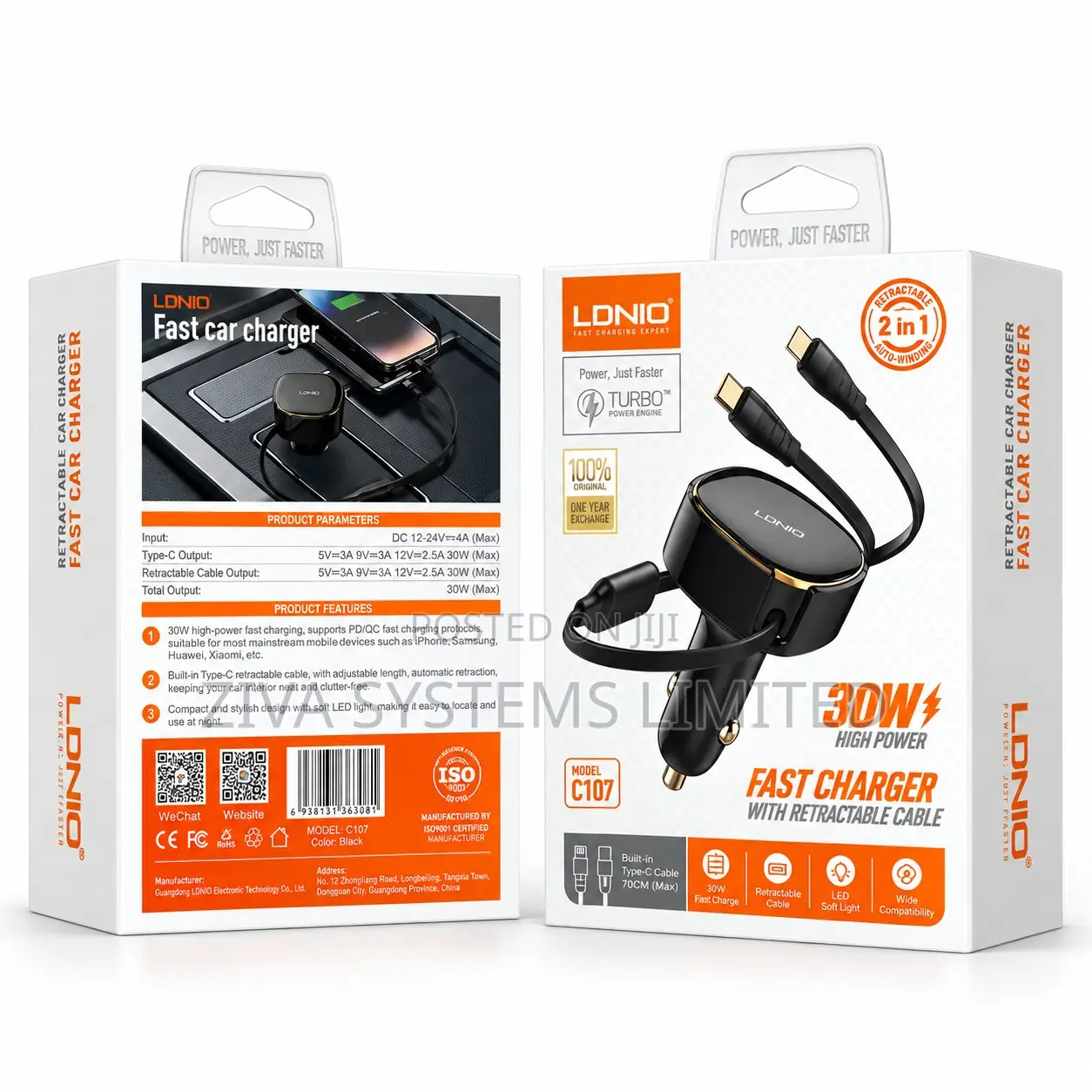 LDNIO C107 30W Fast Car Charger With Dual Retractable Type-C Cables