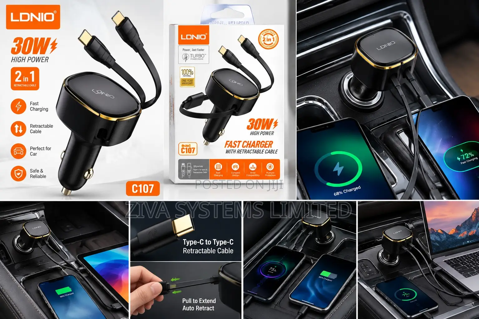 LDNIO C107 30W Fast Car Charger With Dual Retractable Type-C Cables