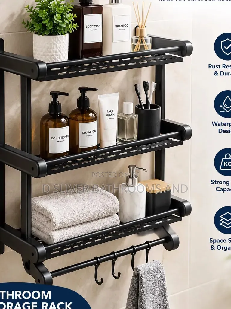 Black Bathroom Storage Rack With 3 Shelves and Hooks
