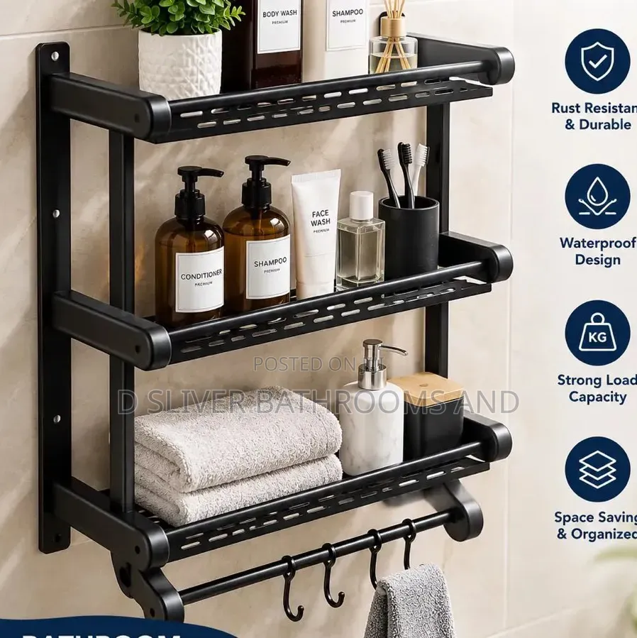 Black Bathroom Storage Rack With 3 Shelves and Hooks