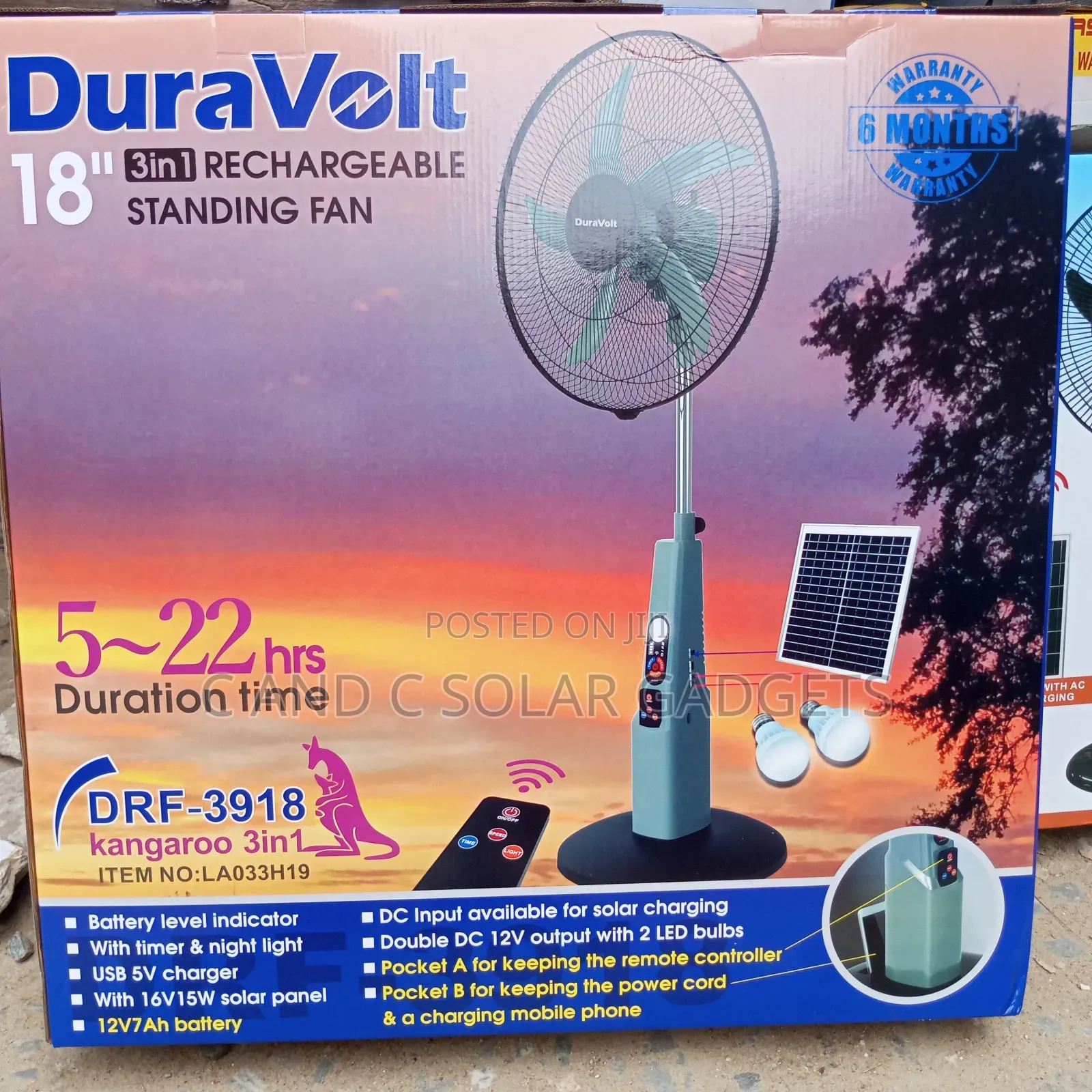 DuraVolt 18inches Solar Rechargeable Standing Fan