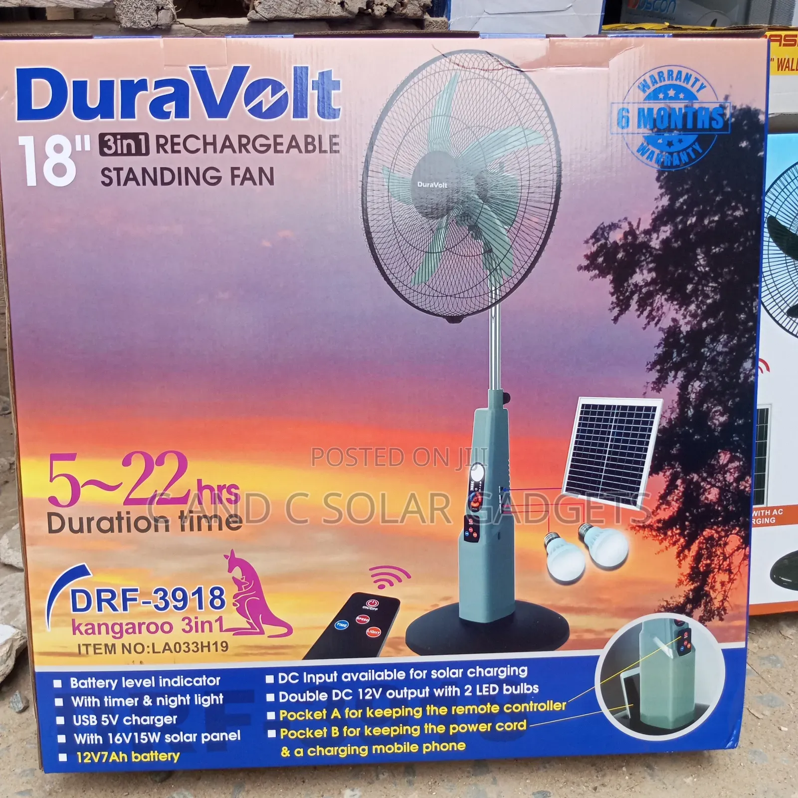 DuraVolt 18inches Solar Rechargeable Standing Fan