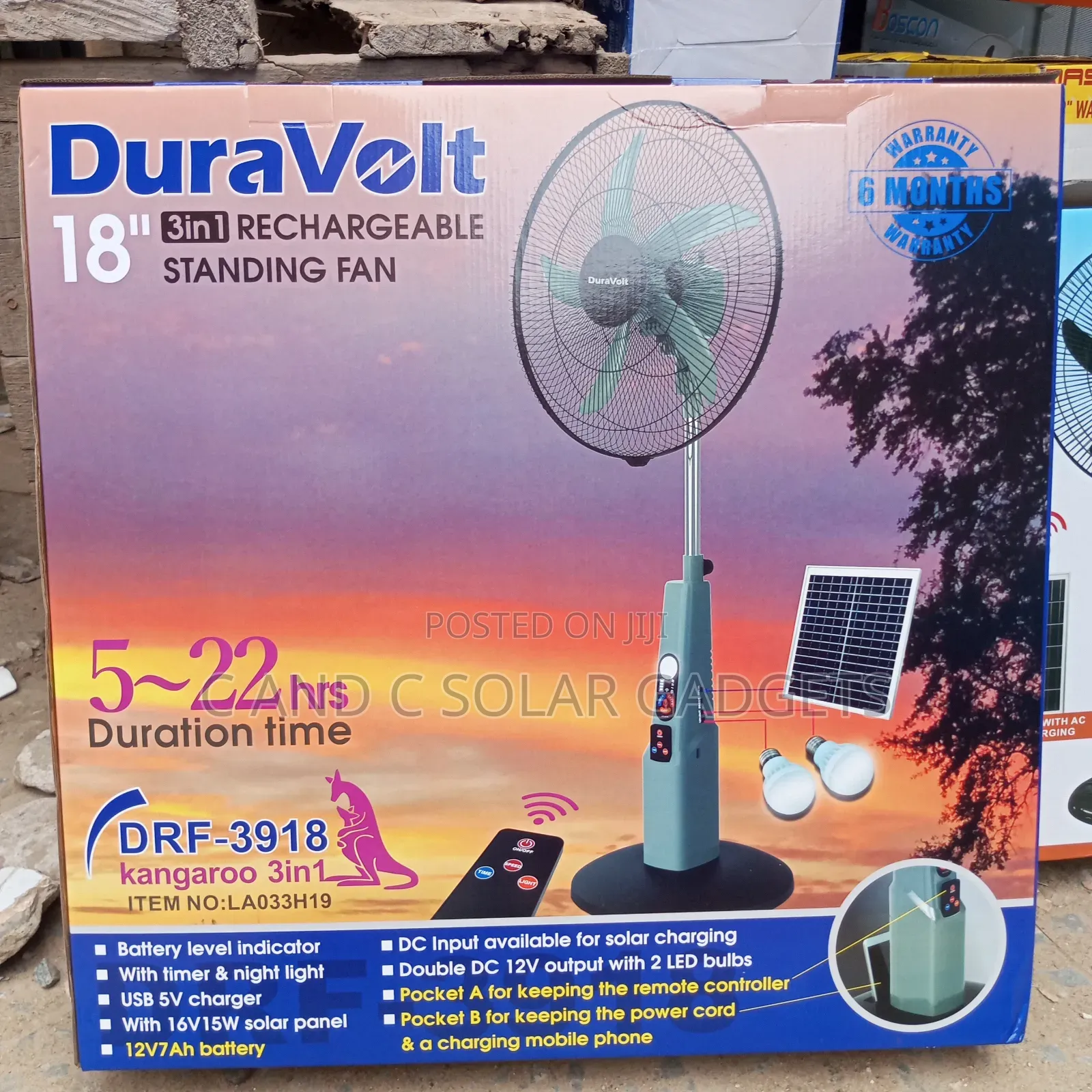 DuraVolt 18inches Solar Rechargeable Standing Fan