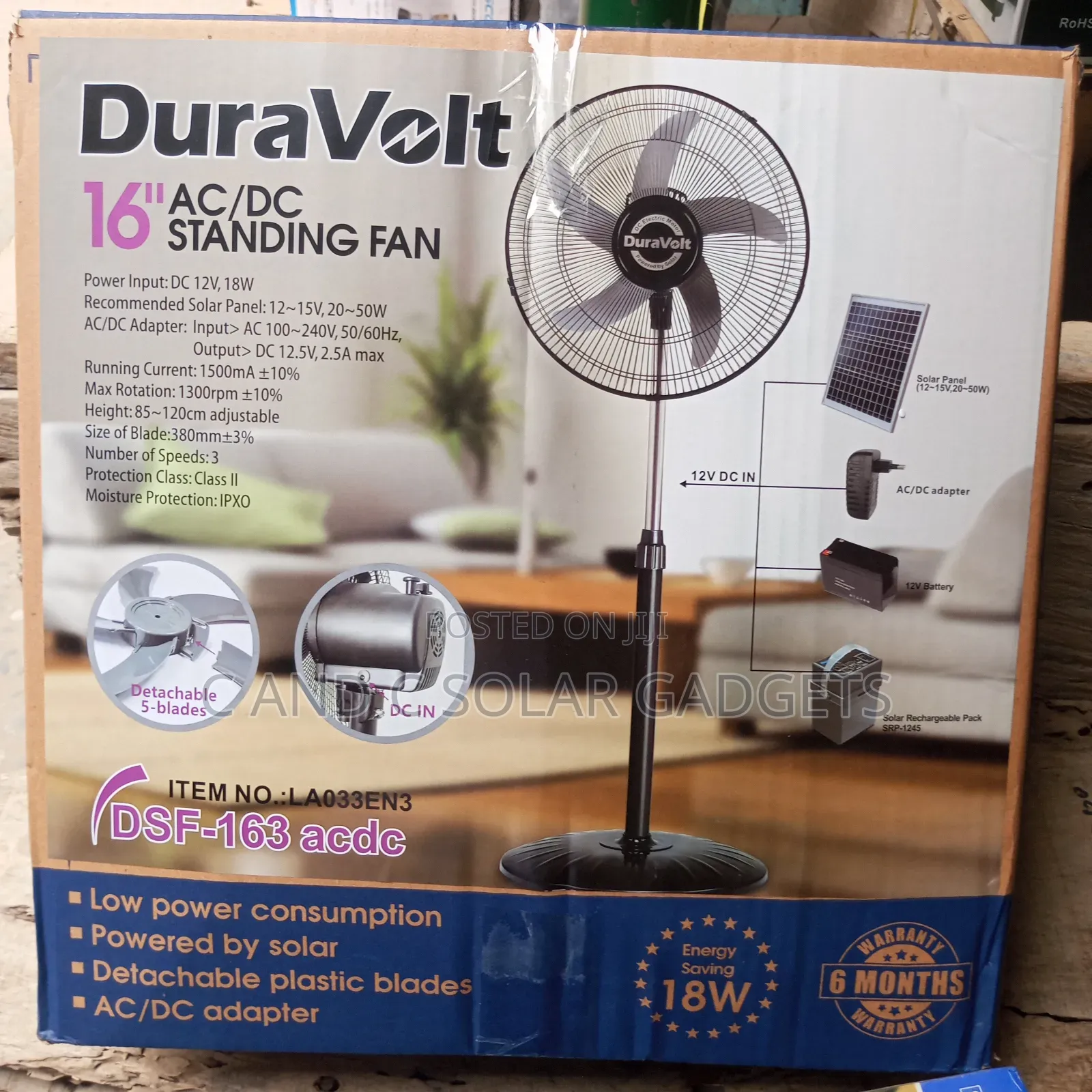 DuraVolt 16inches Solar Rechargeable Standing Fan