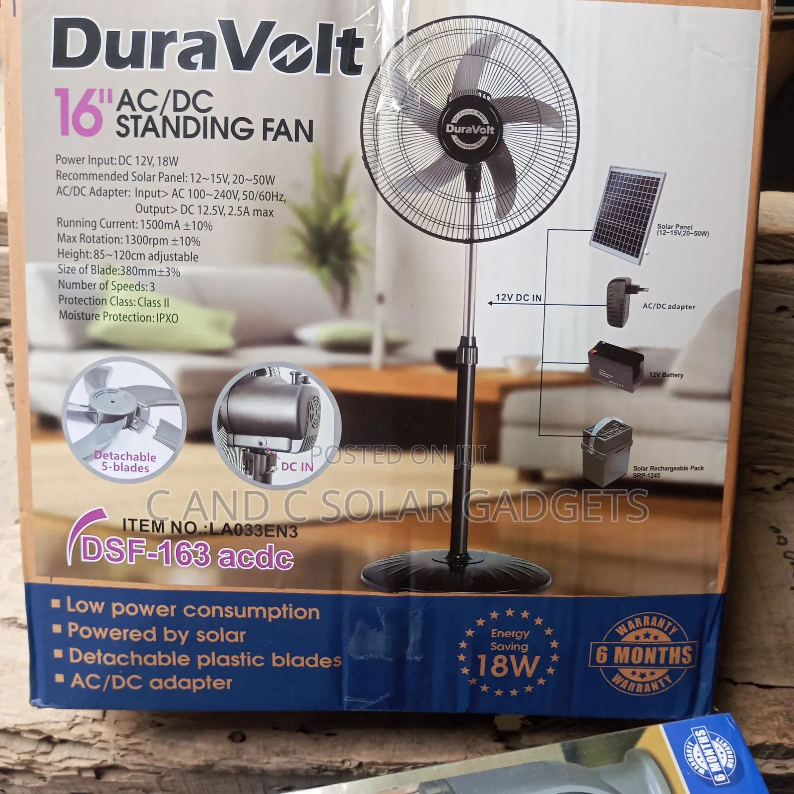 DuraVolt 16inches Solar Rechargeable Standing Fan