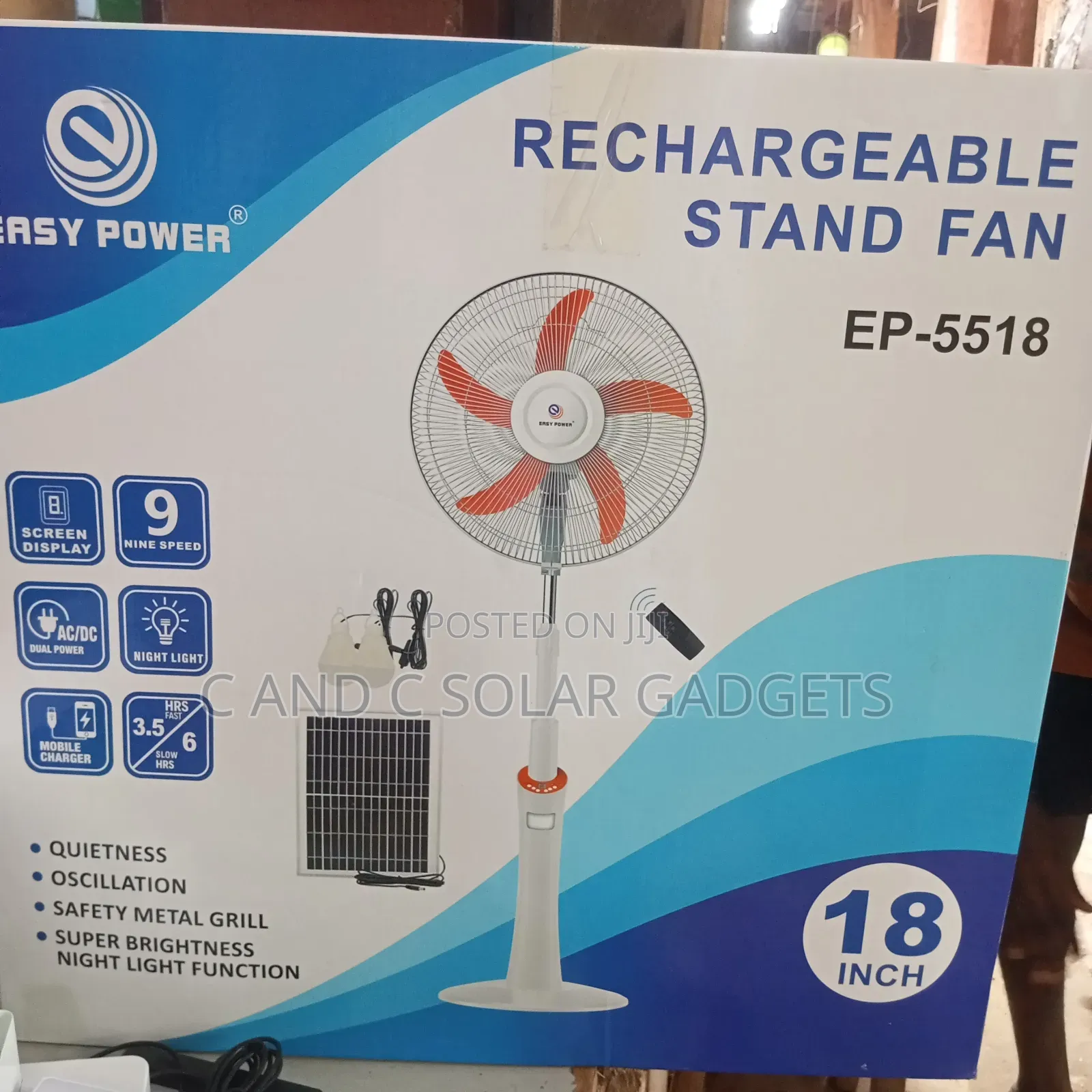Easy Power 18inches Solar Rechargeable Standing Fan
