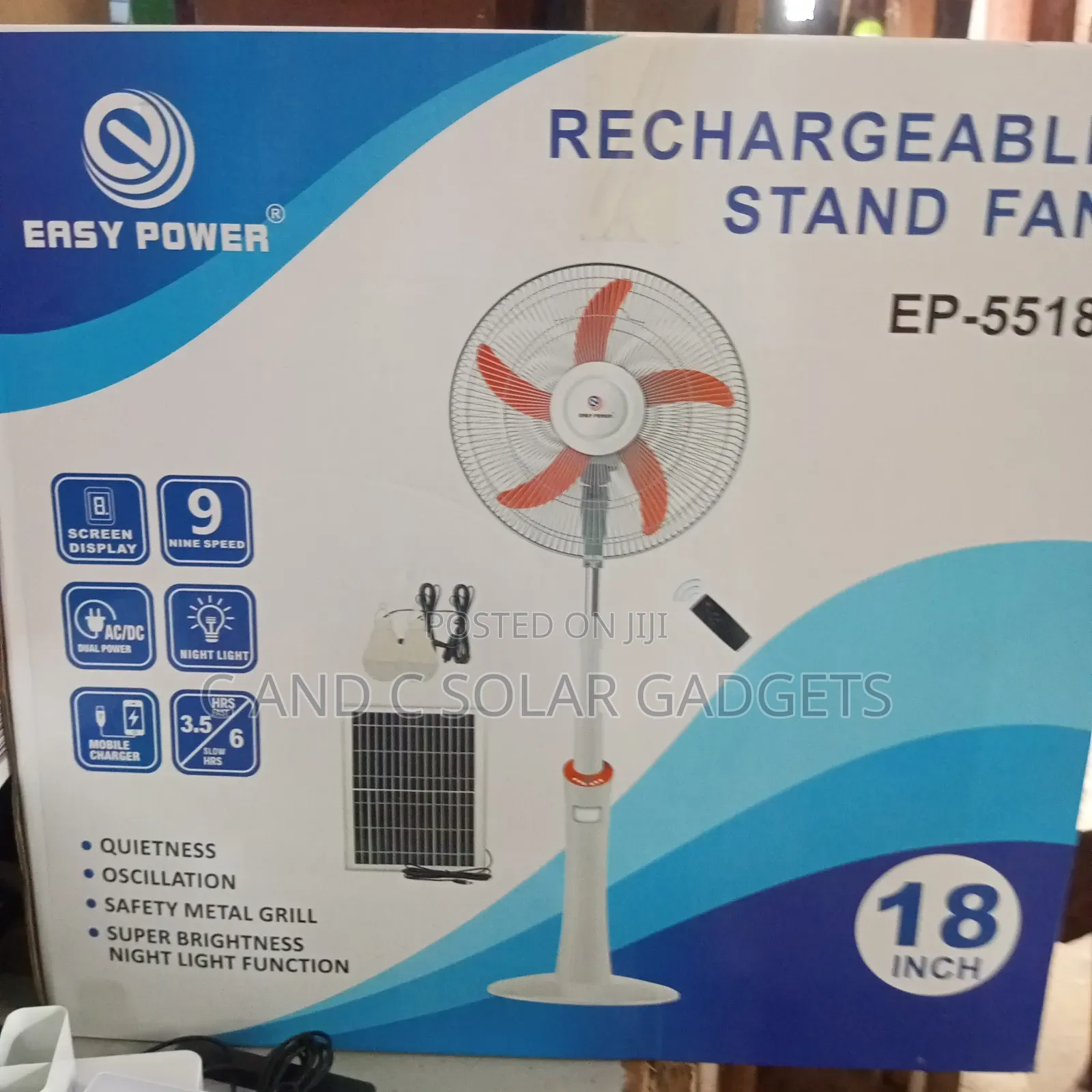 Easy Power 18inches Solar Rechargeable Standing Fan