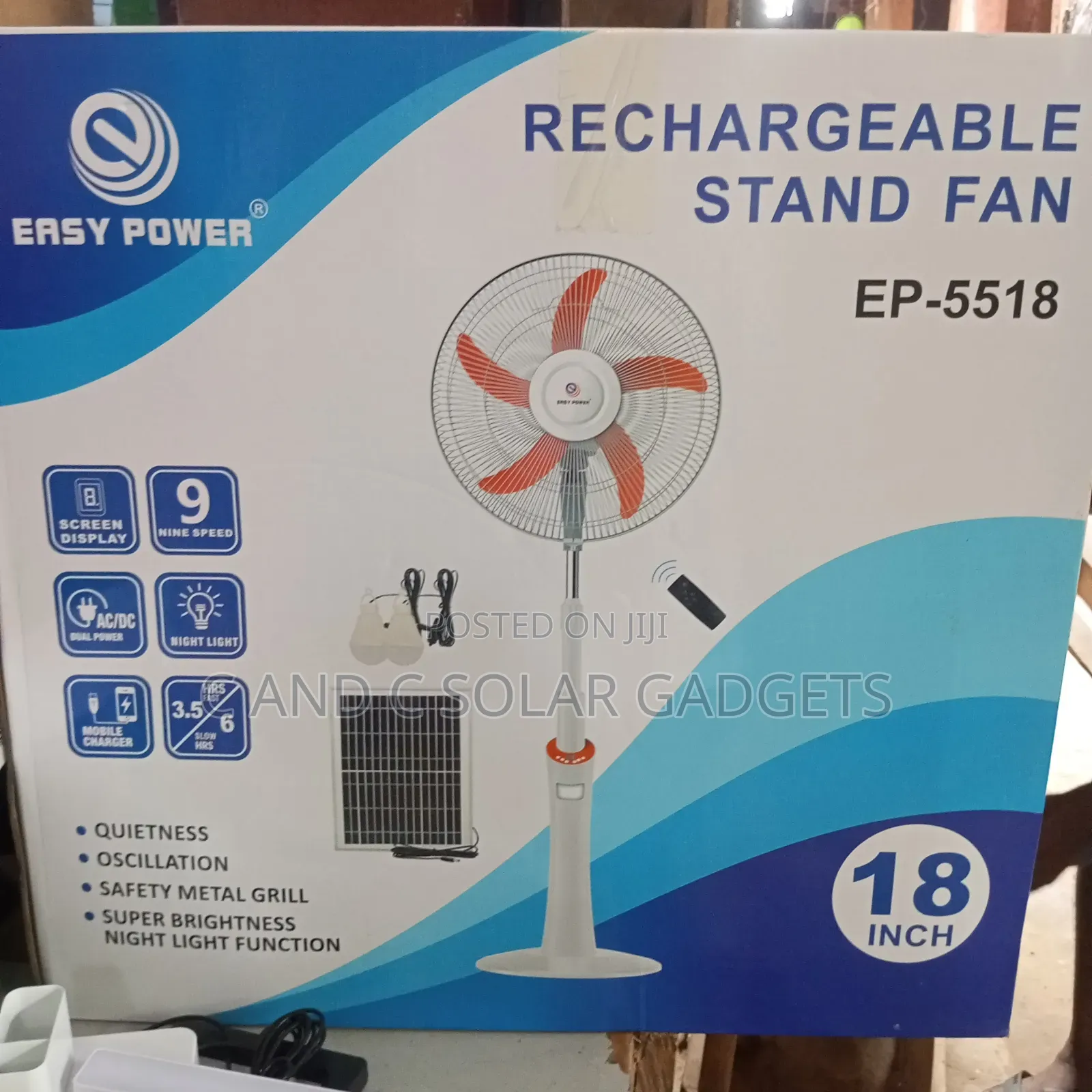 Easy Power 18inches Solar Rechargeable Standing Fan