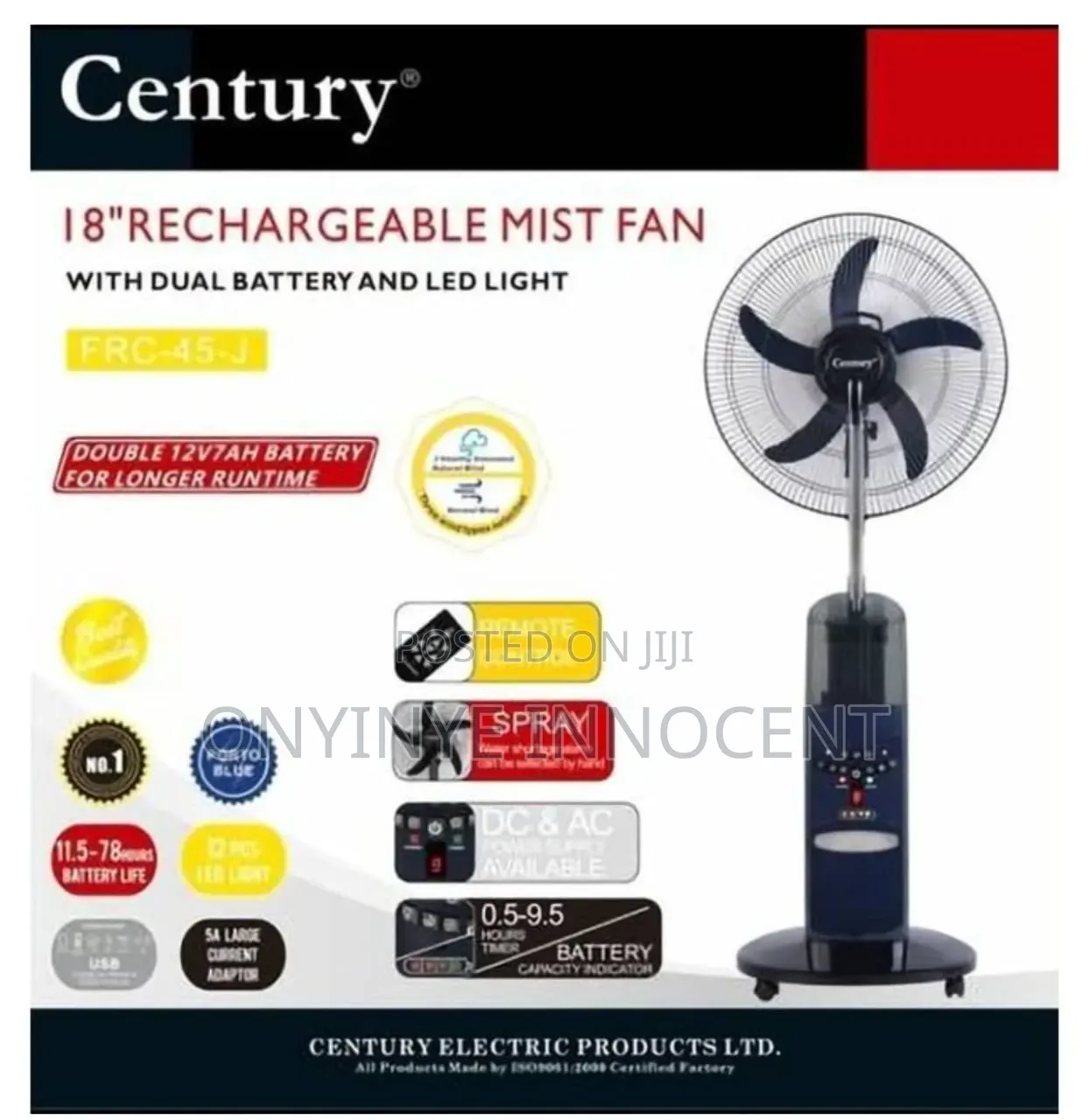 Century 18" Rechargeable Mist Fan FRC-45-J (Dual Battery)
