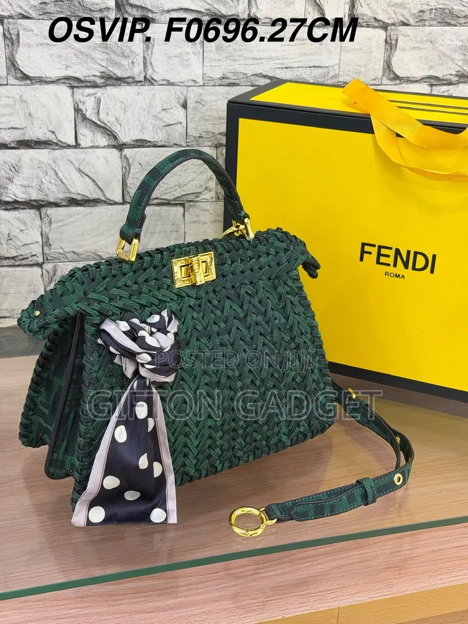 Fendi Peekaboo Woven Green Top Handle Bag With Polka Dot Scarf
