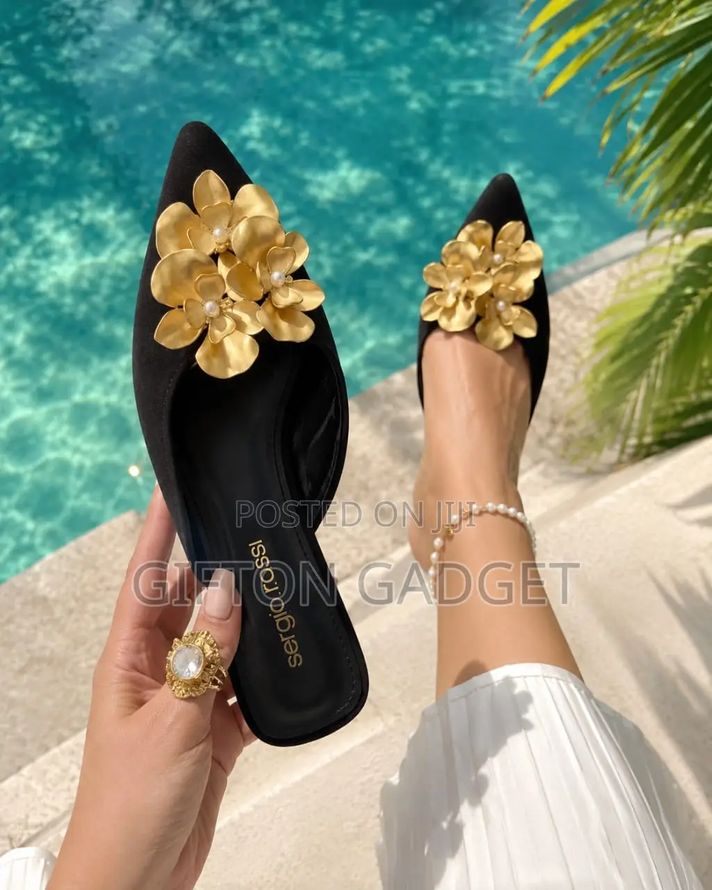 Sergio Rossi Black Pointed-Toe Flat Mules With Gold Floral & Pearl