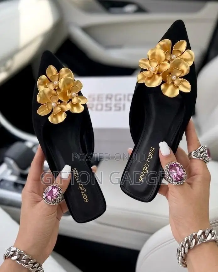 Sergio Rossi Black Pointed-Toe Flat Mules With Gold Floral & Pearl