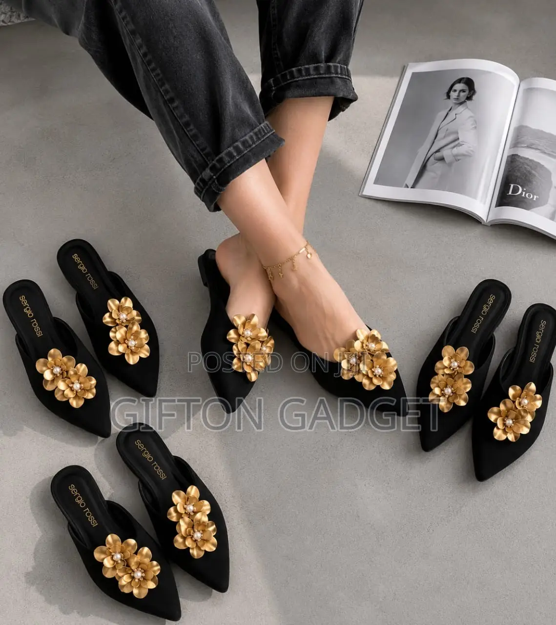 Sergio Rossi Black Pointed-Toe Flat Mules With Gold Floral & Pearl