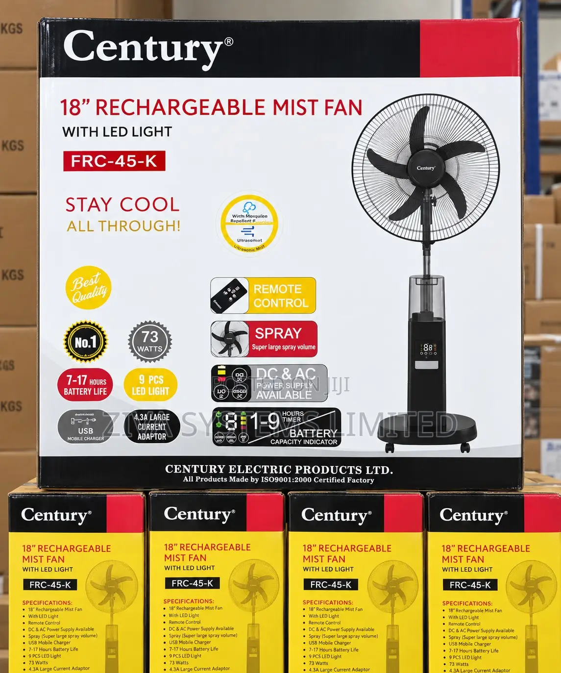 Century 18-Inch Rechargeable Mist Fan With LED Light & Remote