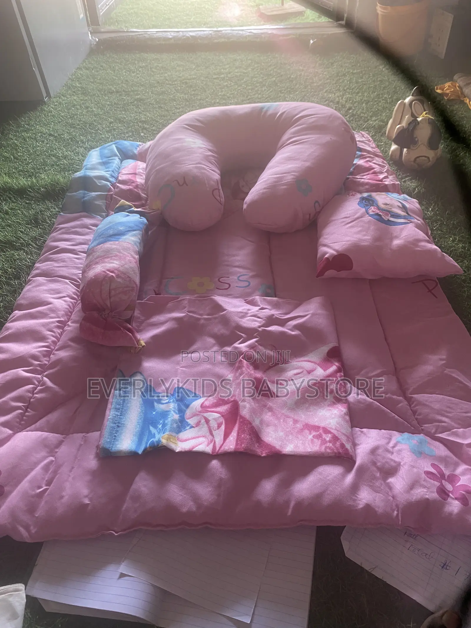 Pink Flowers Baby Bed Mat With U-Pillow Set