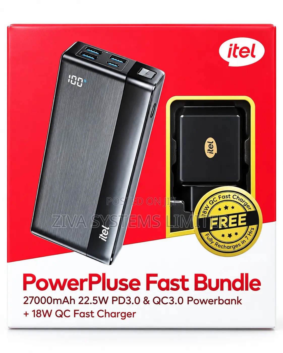 Itel 27000mAh 22.5W Fast Charging Power Bank + Free 18W Charger