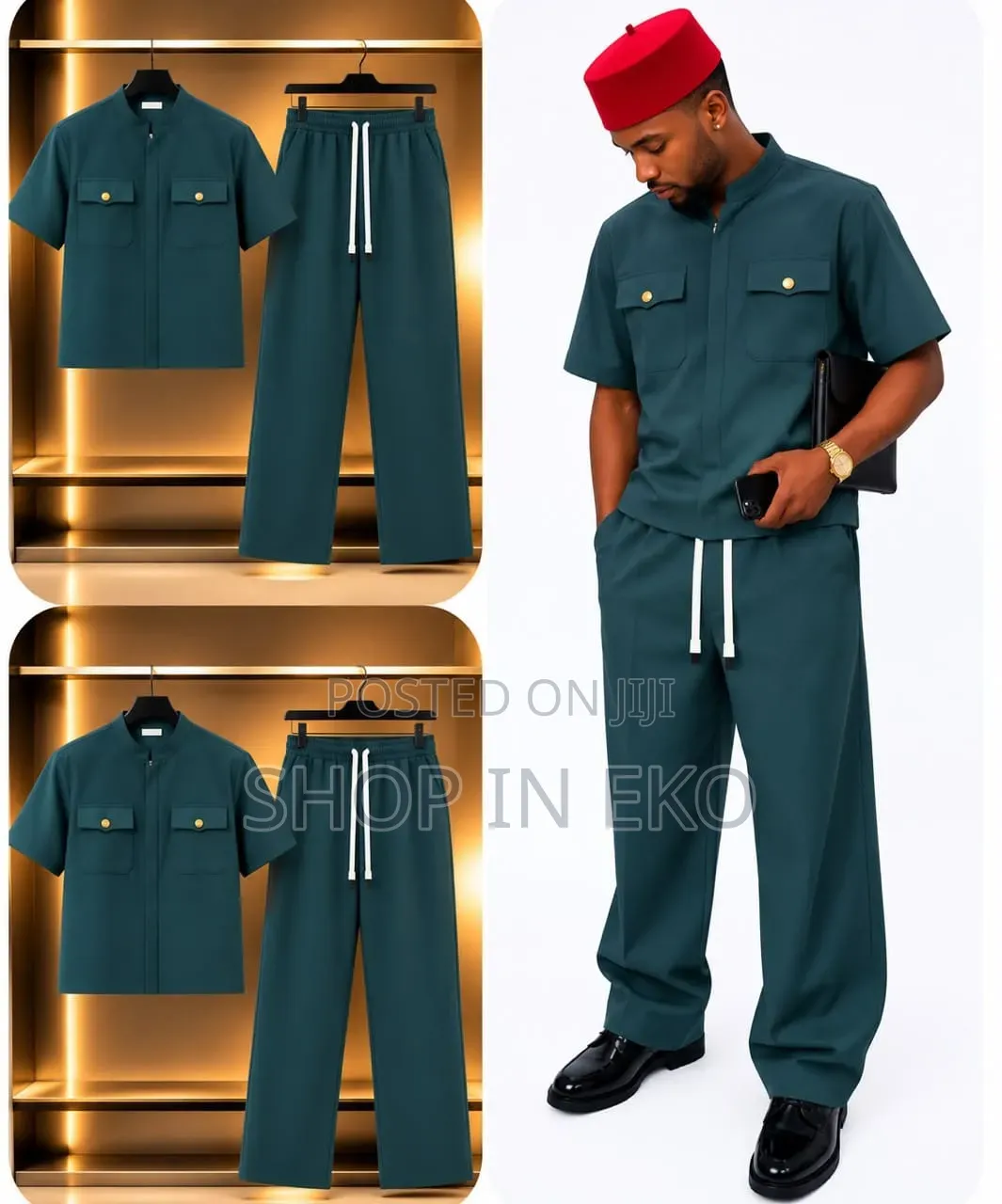 Men's 2-Piece Safari Pocket Collar Short-Sleeve Top & Trousers Set