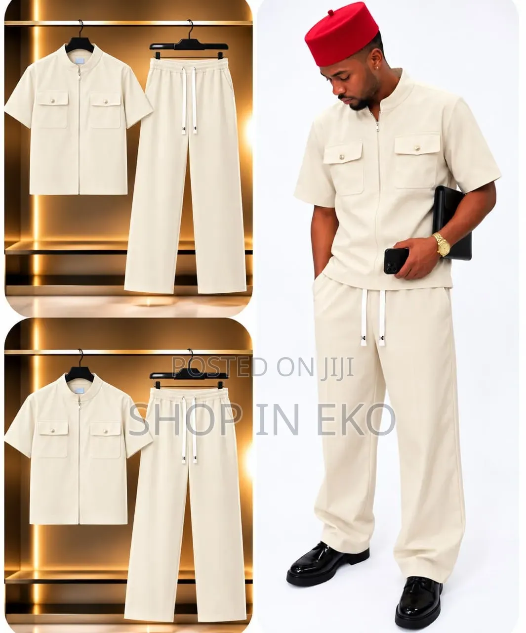 Men's 2-Piece Safari Pocket Collar Short-Sleeve Top & Trousers Set