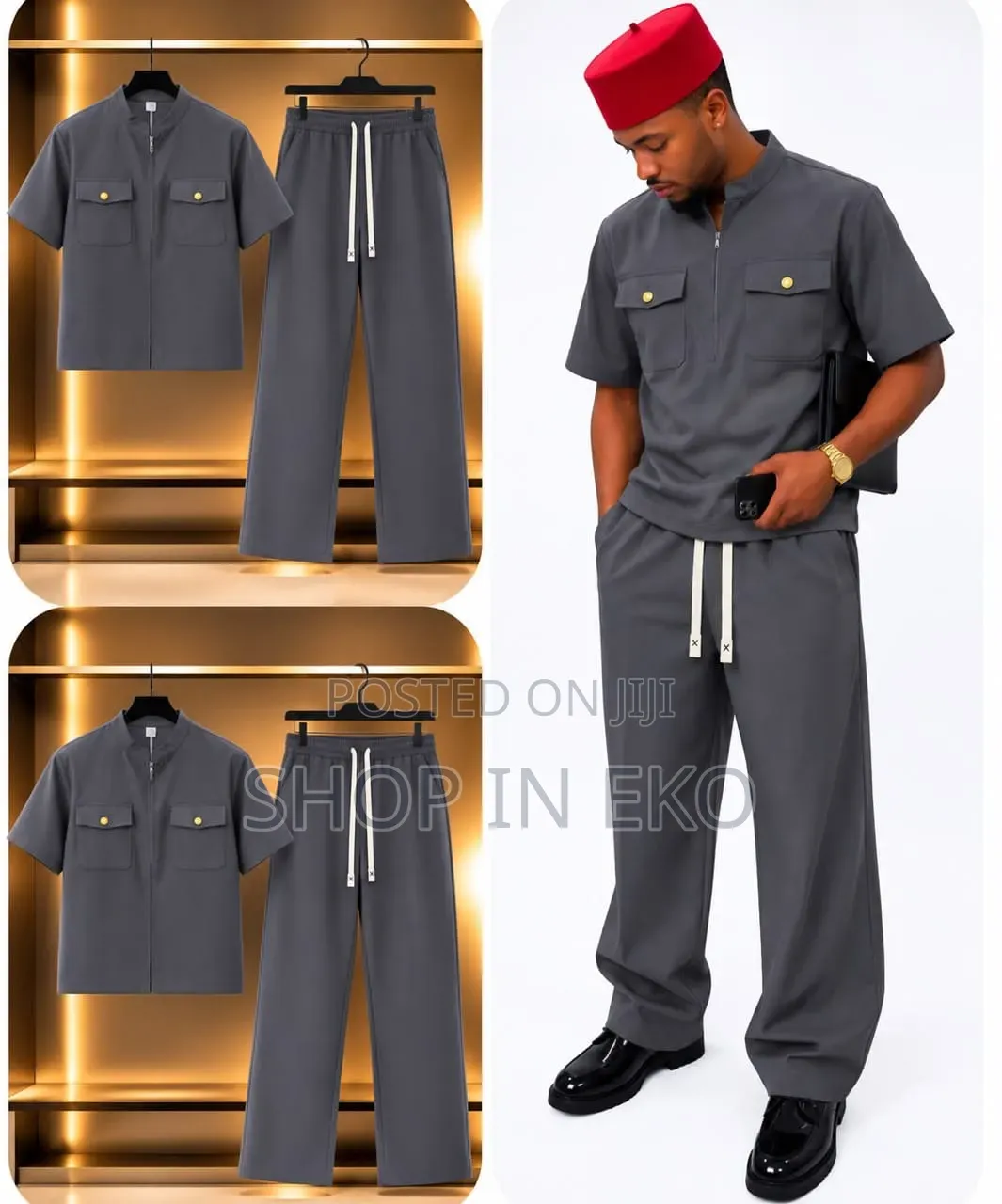 Men's 2-Piece Safari Pocket Collar Short-Sleeve Top & Trousers Set