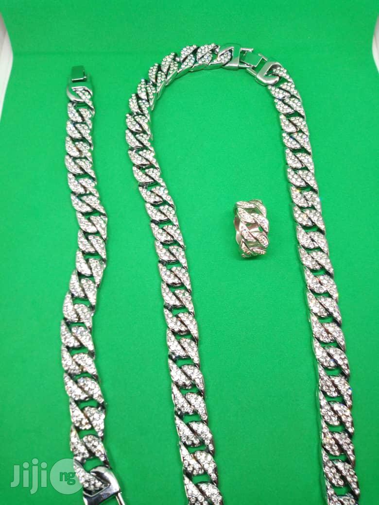 Studded Men Cuban Chain Neck With Hand Chain Ring - Silver