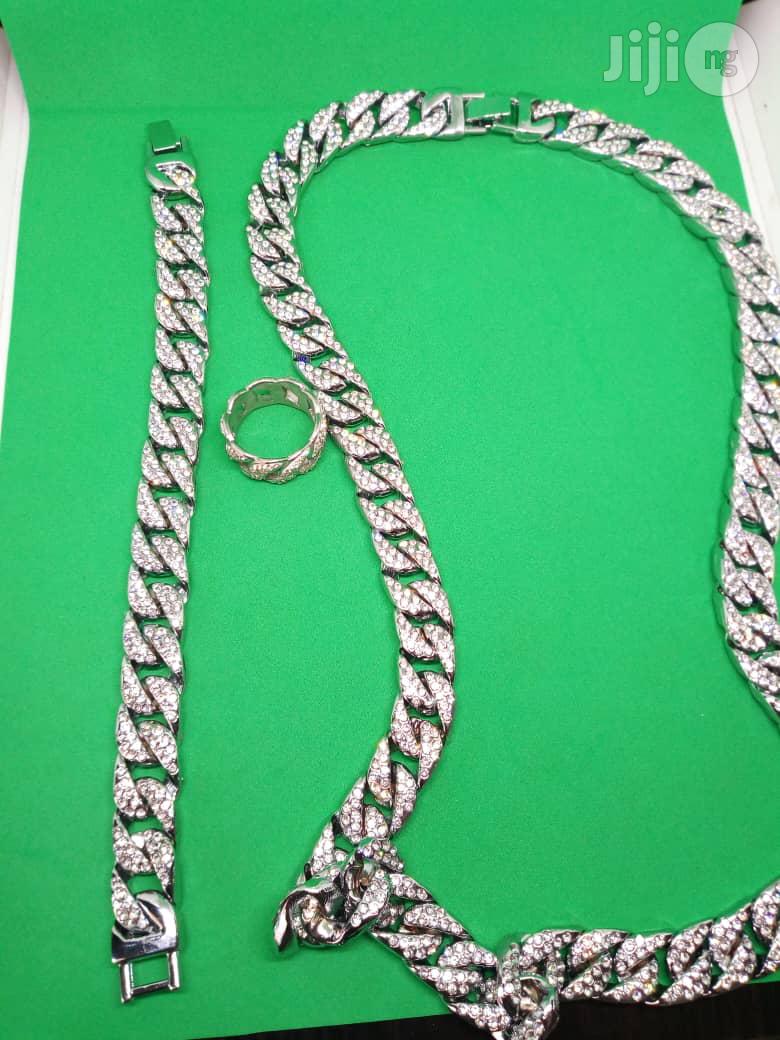 Studded Men Cuban Chain Neck With Hand Chain Ring - Silver