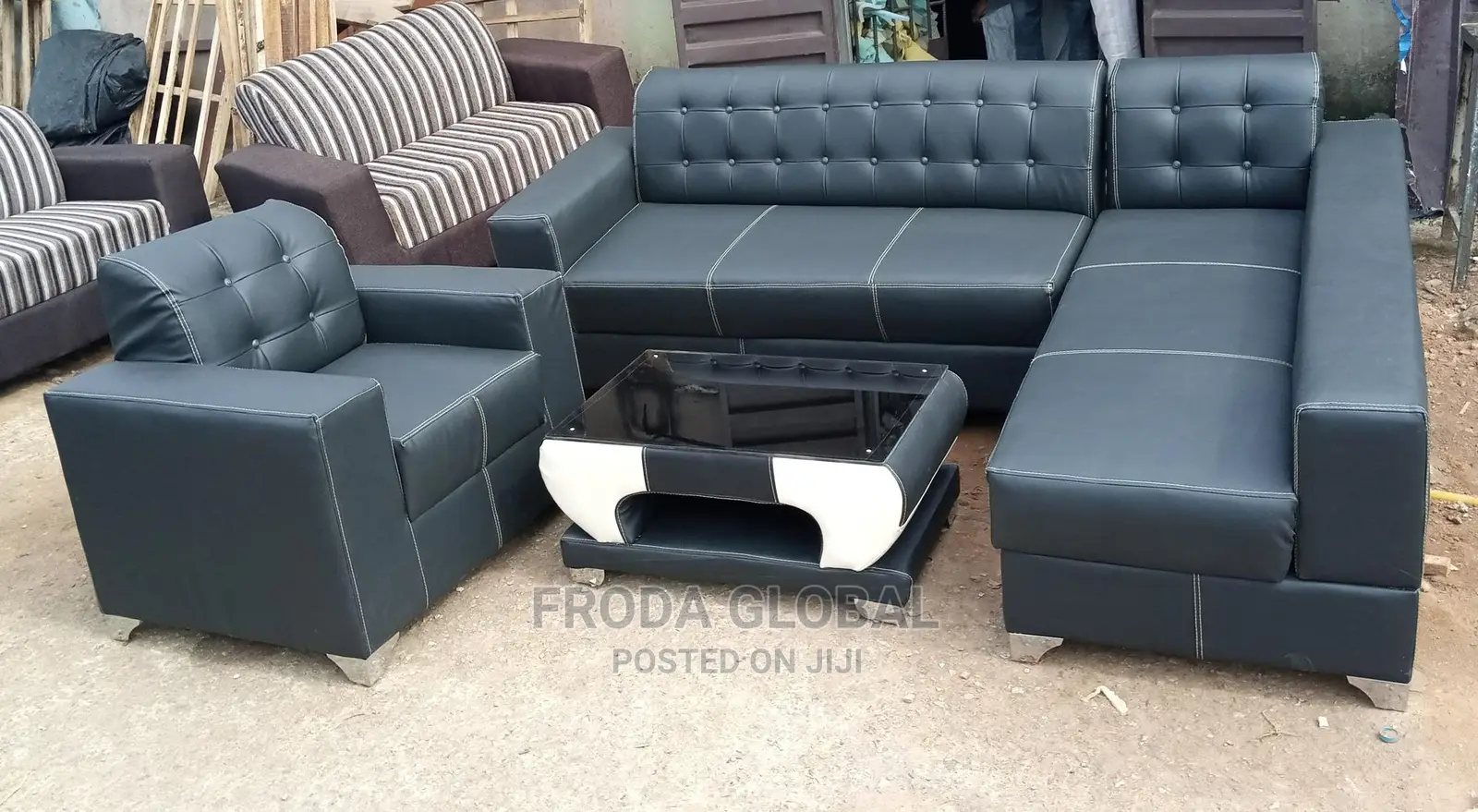 L-Shaped Sofa With a Single Chair and Table - Leather Couch