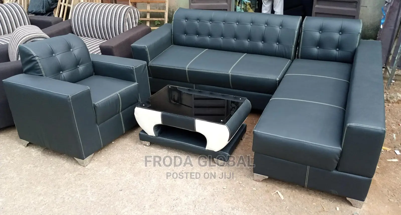 L-Shaped Sofa With a Single Chair and Table - Leather Couch