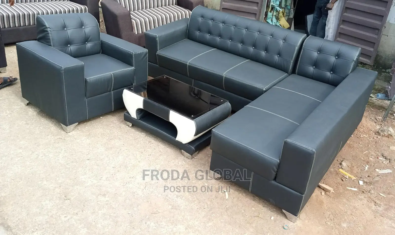 L-Shaped Sofa With a Single Chair and Table - Leather Couch