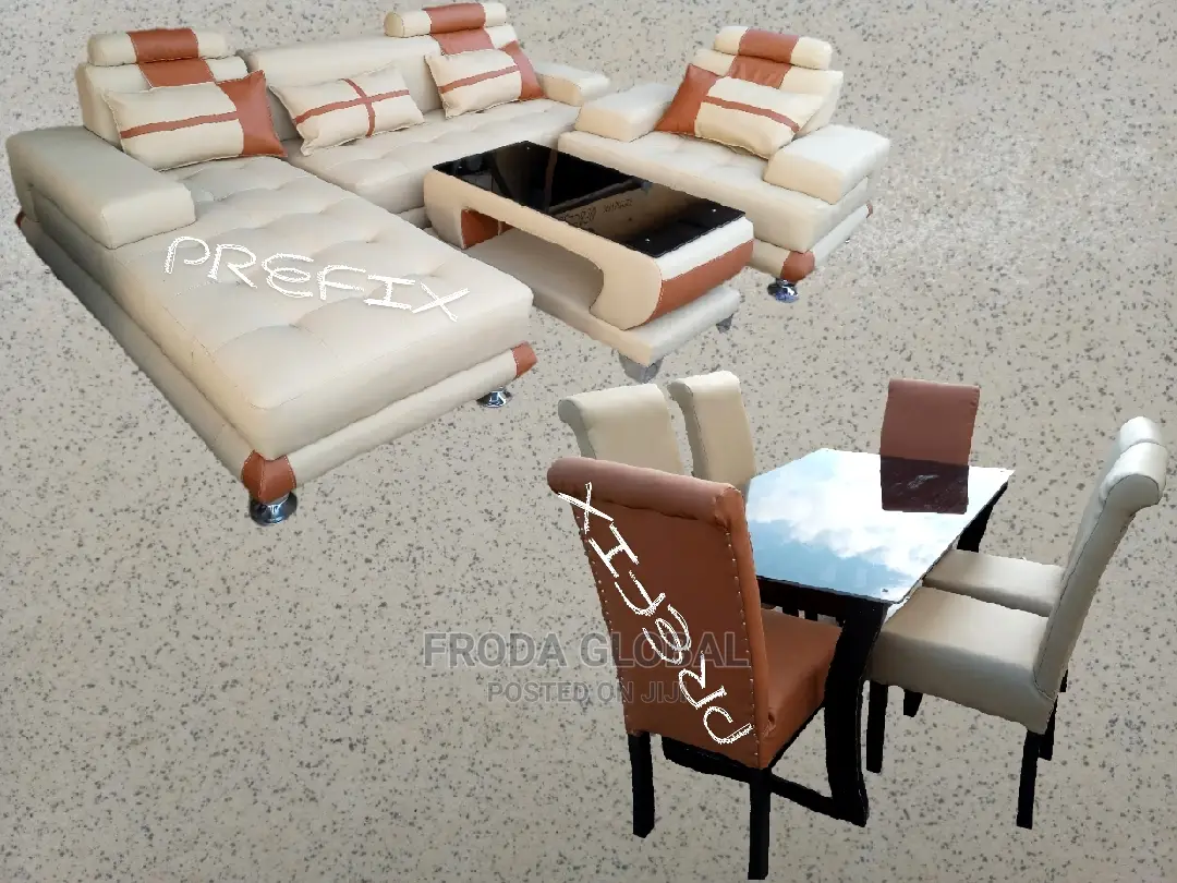 Combo Set of L-Shape Sofa, Single Chair,Table and Dining Set
