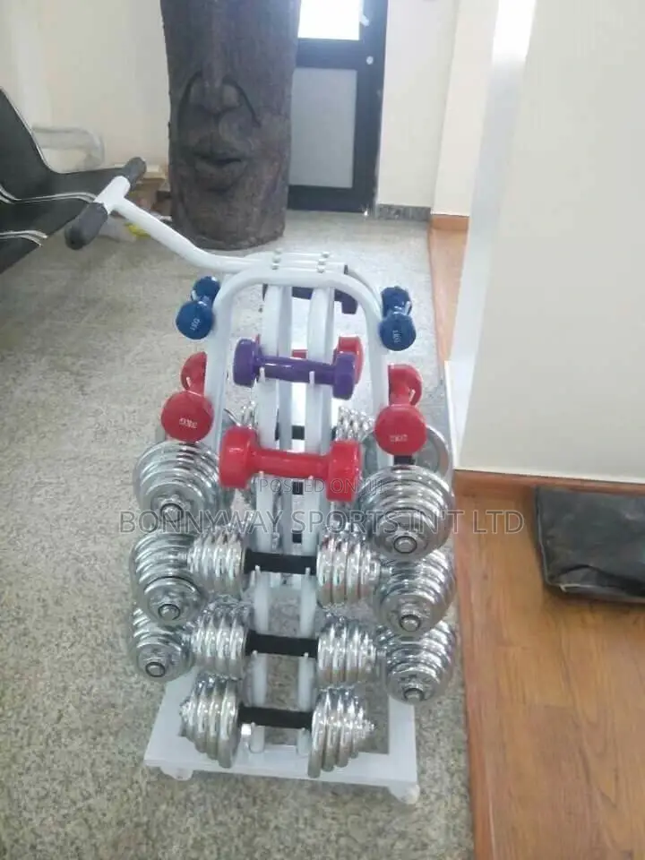 Complete Set Of Iron And Rubber Dumbers With Dumbell Rack