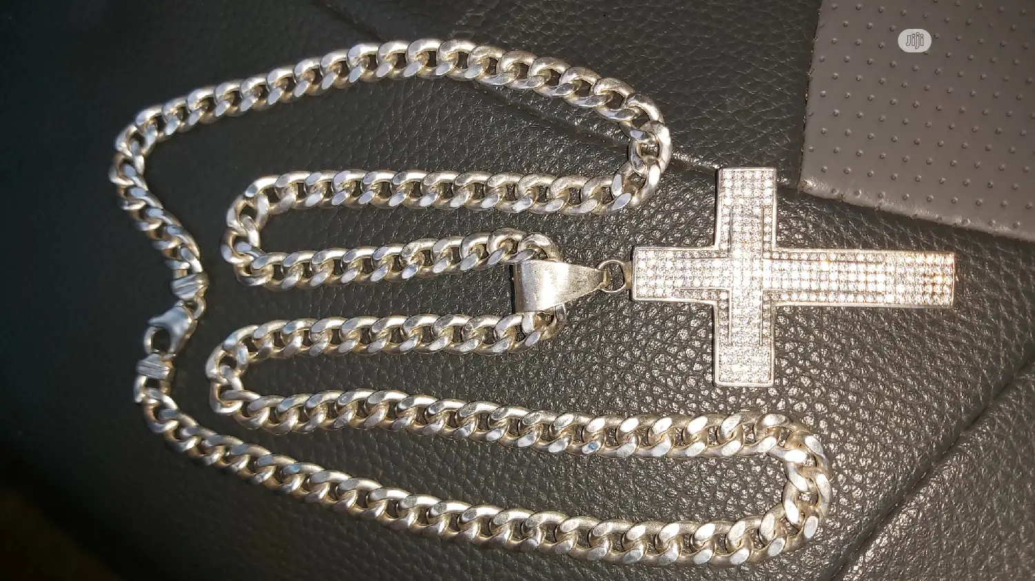 Italy 925 Silver Necklace Cuban With Crucifix Ice Design