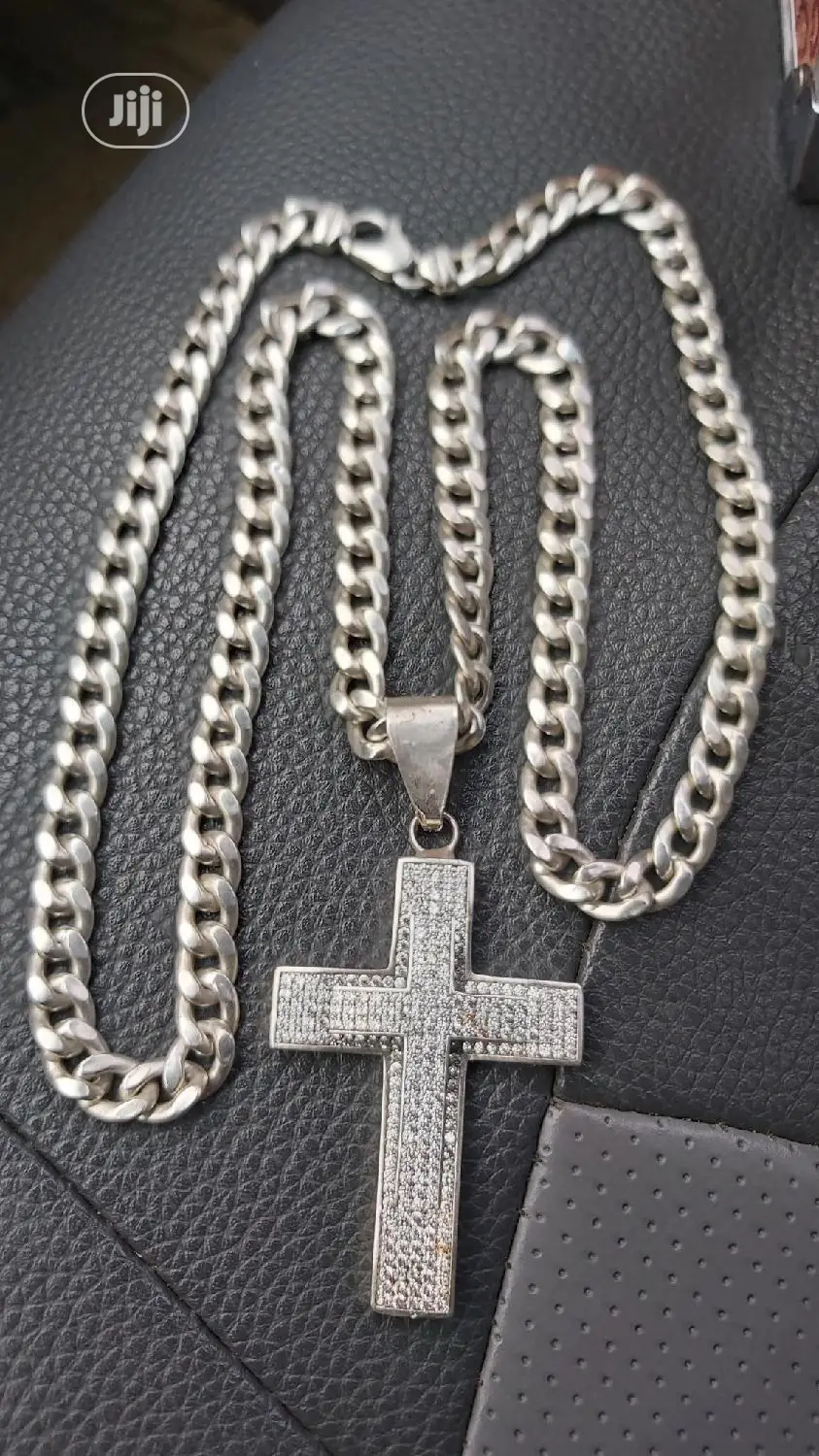 Italy 925 Silver Necklace Cuban With Crucifix Ice Design