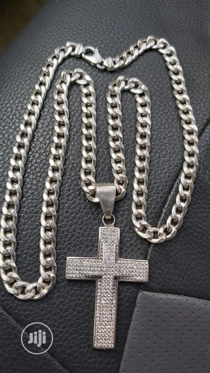 Italy 925 Silver Necklace Cuban With Crucifix Ice Design